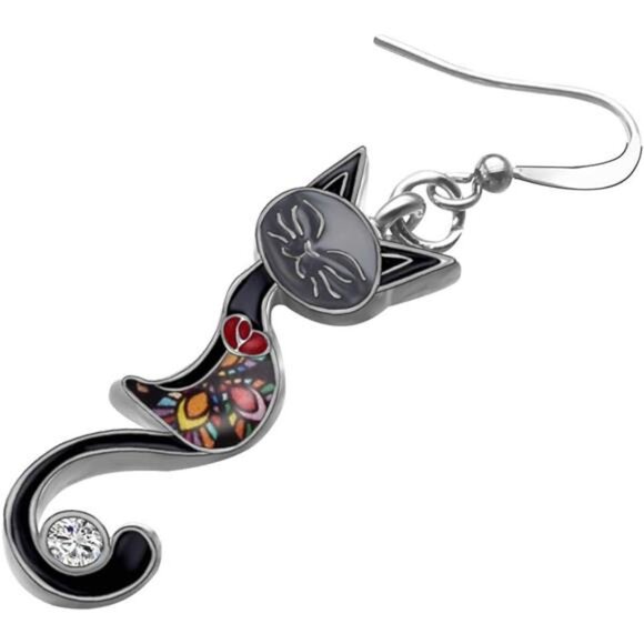 Enamel Multicolor Cat Dangle Earring Hypoallergenic Aesthetic Kitty Jewelry Gift - Picture 5 of 6